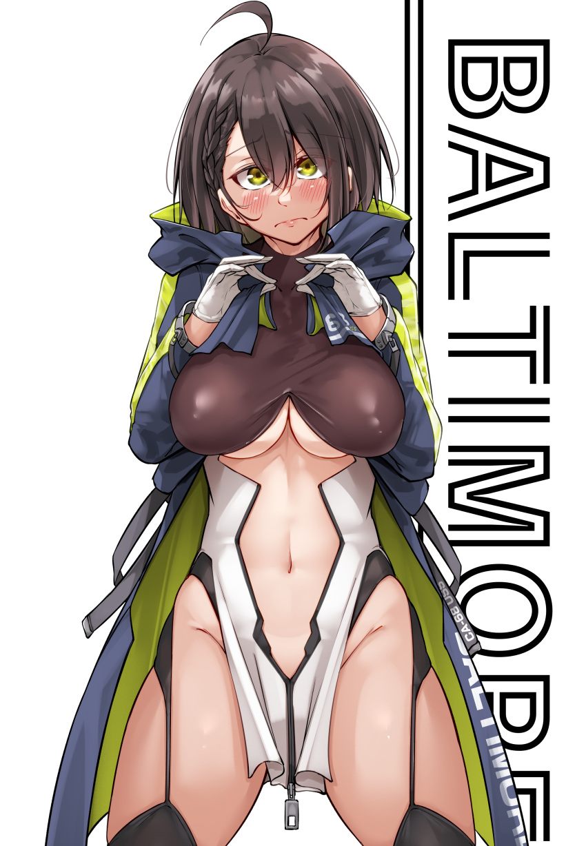 1girl absurdres ahoge azur_lane baltimore_(azur_lane) black_shirt black_thighhighs blue_coat blush braid breasts brown_hair character_name closed_mouth clothing_cutout coat commentary_request covered_collarbone cowboy_shot crop_top dress french_braid garter_straps gloves groin hair_between_eyes highres hooded_coat large_breasts long_sleeves looking_at_viewer multicolored_coat navel open_clothes open_coat oriue_wato partial_commentary pelvic_curtain shirt short_hair sidelocks skindentation solo standing stomach stomach_cutout thighhighs underboob underboob_cutout white_background white_dress white_gloves yellow_eyes zipper zipper_pull_tab