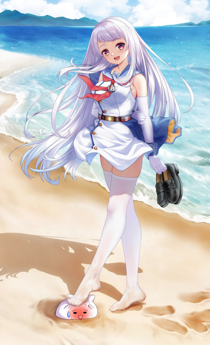 1girl absurdres arm_behind_back beach belt black_footwear blue_dress blue_sky blush breasts cang_se_ye_hua changchun_(warship_girls_r) cloud cloudy_sky dirty dirty_clothes dress elbow_gloves eyelashes feet floating_hair full_body gloves gradient_hair grey_hair highres holding holding_shoes large_breasts legs light_purple_hair loafers looking_at_viewer multicolored_clothes multicolored_dress multicolored_hair neckerchief no_shoes open_mouth outdoors pink_eyes red_neckerchief sand shadow shoes shoes_removed short_dress skindentation sky sleeveless sleeveless_dress solo standing stepped_on swept_bangs thighhighs thighs toenails toes warship_girls_r water white_dress white_thighhighs