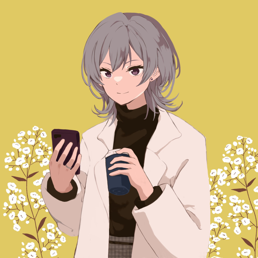 1girl black_sweater cellphone closed_mouth coffee_cup cup disposable_cup earrings flower grey_hair grey_skirt hair_between_eyes high-waist_skirt highres holding holding_cup holding_phone idoly_pride jacket jewelry kanzaki_rio long_sleeves looking_at_viewer medium_hair open_clothes open_jacket phone plaid plaid_skirt purple_eyes shirt_tucked_in sidelocks simple_background skirt smartphone smile solo stud_earrings sweater turtleneck turtleneck_sweater upper_body watameki_(pixiv_33969409) white_flower white_jacket yellow_background