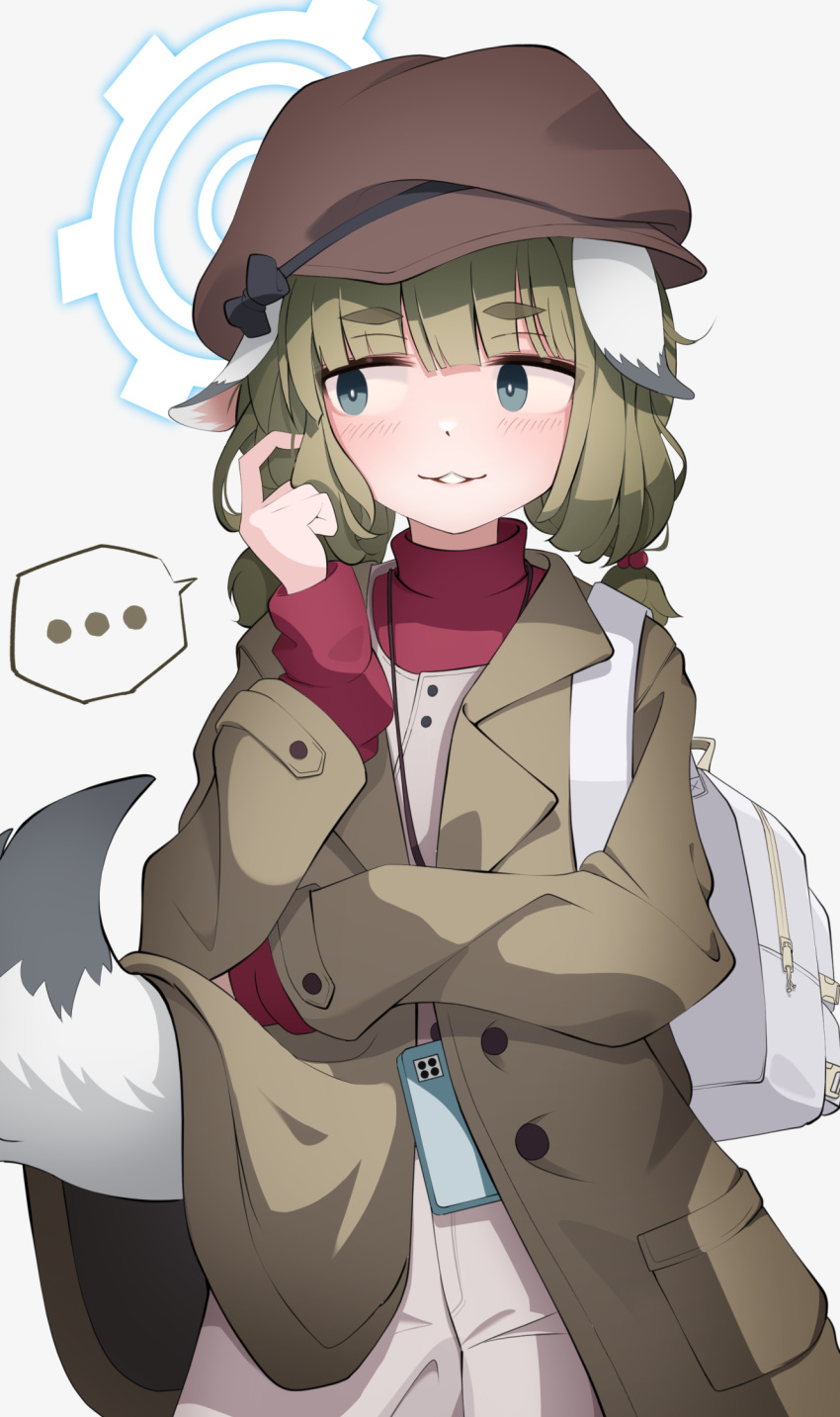 ... 1girl animal_ears blue_archive blue_halo blunt_bangs blush brown_headwear coat commentary_request cowboy_shot facing_viewer green_coat green_eyes green_hair halo hand_up hat highres long_sleeves looking_to_the_side open_clothes open_coat open_mouth pants red_shirt she100legs shirt simple_background solo spoken_ellipsis tail twintails undershirt white_background white_bag white_pants yakumo_(blue_archive)