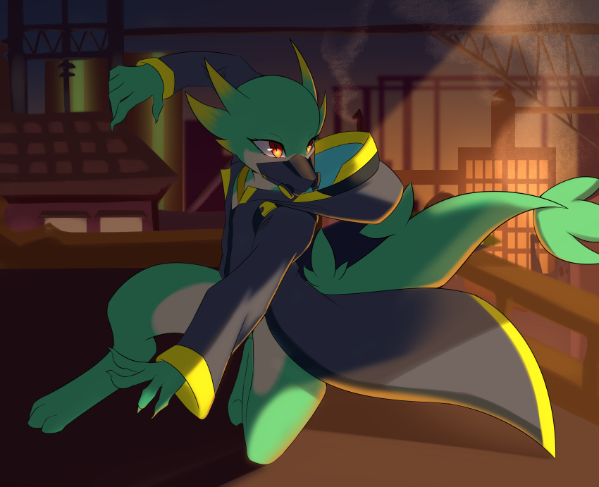 absurd_res action_pose angry anthro biped clothing female gas_mask generation_5_pokemon green_body hi_res kobold leaf_tail mask nintendo noodles_(nyxcha) pokemon pokemon_(species) pose red_eyes robe servine shadow snout solo torn_clothing white_body xecho7x yellow_body