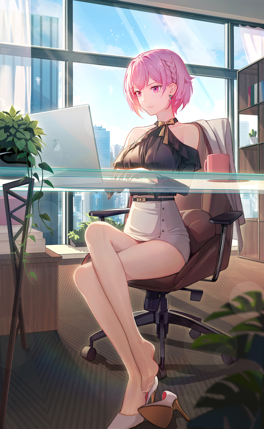 1girl absurdres bai_ou_(crazy_ones) bare_shoulders black_shirt breasts chair cityscape crazy_ones crossed_legs cup feet frilled_shirt frills glass_table grey_skirt high-waist_skirt high_heels highres legs medium_breasts miniskirt no_shoes office_chair official_art pantyhose pink_eyes pink_hair see-through see-through_legwear shirt shoes short_hair single_shoe skirt solo stiletto_heels swivel_chair table toe_cleavage toes unworn_shoes window