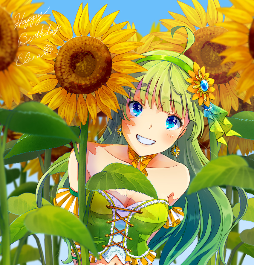 1girl ahoge arms_behind_back bare_shoulders beads blue_eyes blue_gemstone blue_ribbon blue_sky blunt_bangs blush_stickers bow bow_choker bowtie breasts character_name choker cleavage collarbone commentary_request corset dangle_earrings day detached_sleeves earrings english_text eyelashes field flower flower_earrings flower_field frilled_corset frilled_sleeves frills gem gleam gradient_ribbon green_choker green_corset green_hair green_hairband green_ribbon hair_beads hair_flower hair_ornament hair_ribbon hairband happy_birthday head_tilt highres idolmaster idolmaster_million_live! idolmaster_million_live!_theater_days jewelry large_breasts light_blush long_hair looking_at_viewer midriff navel open_mouth orange_bow orange_bowtie orange_sleeves outdoors ribbon shimabara_elena shirt short_sleeves sky sleeveless sleeveless_shirt smile solo sunflower sunflower_field teeth two-tone_sleeves upper_body vertical-striped_sleeves white_shirt white_sleeves witoi_(roa) yellow_flower