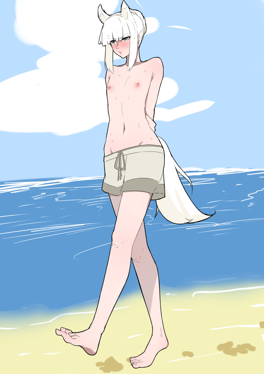 1girl absurdres animal_ears arknights barefoot beach blue_sky blush day enderanswer exhibitionism flat_chest grey_shorts highres horse_ears horse_girl horse_tail male_swimwear_challenge nipples ocean outdoors platinum_(arknights) public_indecency sand short_hair shorts sidelocks sky solo tail tomboy topless water white_hair yellow_eyes