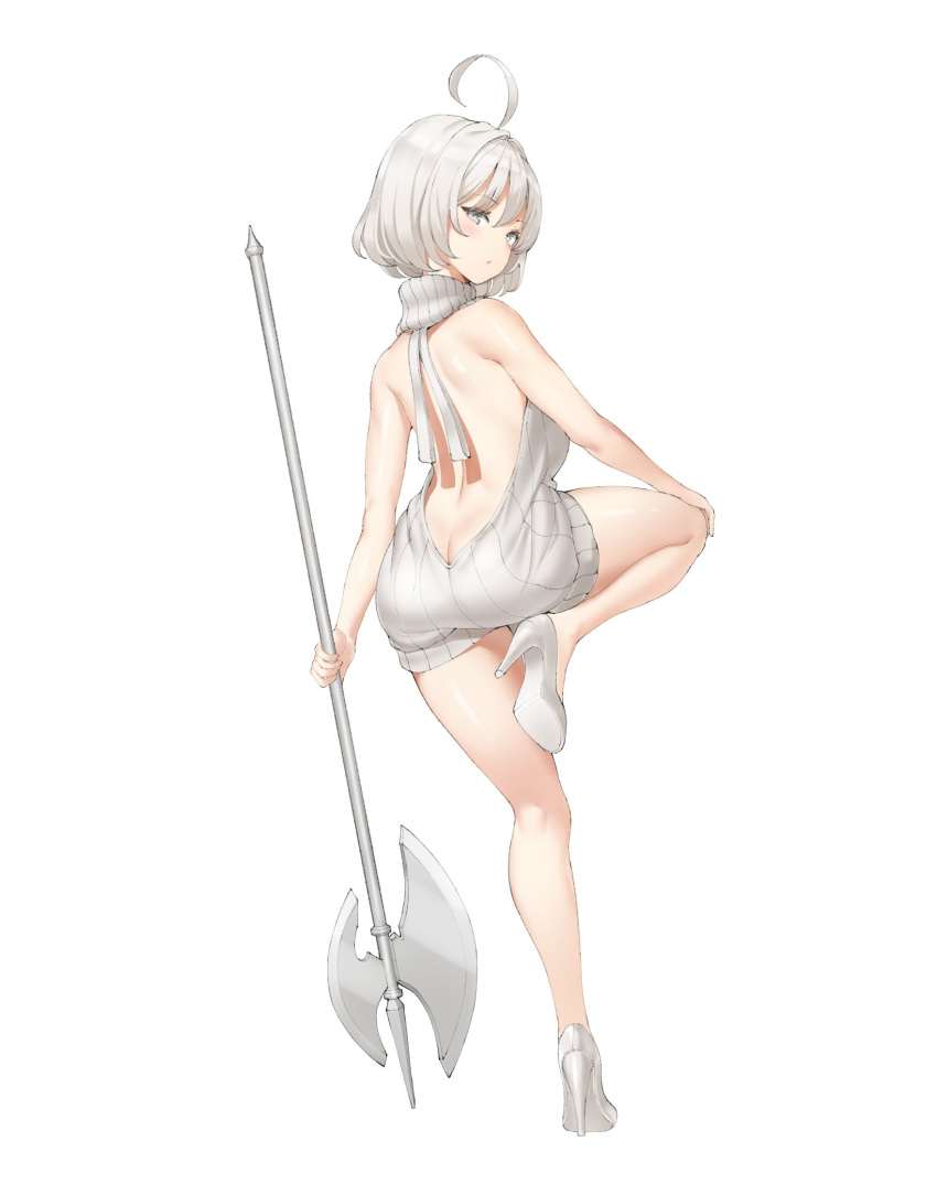 1girl ahoge ass axe back backless_outfit bare_arms bare_back bare_legs bare_shoulders battle_axe closed_mouth commission dress expressionless from_behind grey_eyes hand_on_own_knee high_heels highres holding holding_axe keibeam leg_up legs looking_at_viewer looking_back median_furrow meme_attire no_bra original ribbed_sweater short_hair sleeveless sleeveless_sweater sleeveless_turtleneck solo standing standing_on_one_leg sweater sweater_dress thighs turtleneck virgin_killer_sweater weapon white_footwear white_hair
