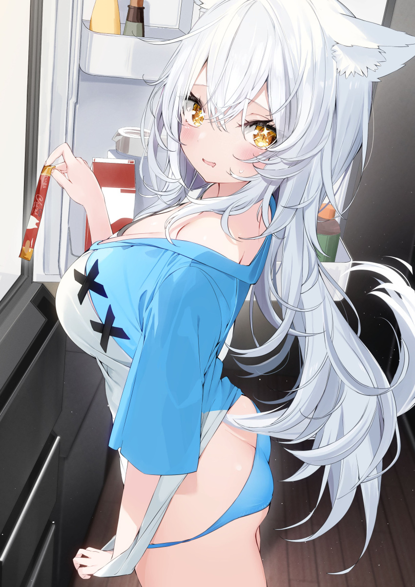 1girl absurdres animal_ear_fluff animal_ears ass blue_panties blue_shirt blush breasts brown_eyes butt_crack cat_ears cleavage commentary_request drooling fang grey_hair hair_between_eyes highres holding kamioka_shun'ya large_breasts long_hair looking_at_viewer looking_to_the_side mouth_drool no_pants original panties parted_lips refrigerator shirt solo sweat underwear very_long_hair wooden_floor