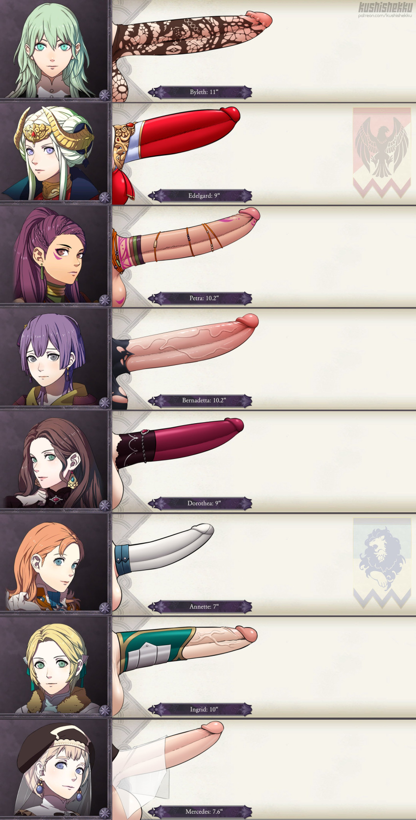 6+girls absurdres annette_fantine_dominic artist_name bernadetta_von_varley blonde_hair brown_hair byleth_(female)_(fire_emblem) byleth_(fire_emblem) commentary dorothea_arnault edelgard_von_hresvelg english_commentary fire_emblem fire_emblem:_three_houses futanari green_eyes green_hair hat highres ingrid_brandl_galatea kushishekku large_penis looking_at_viewer mercedes_von_martritz multiple_girls multiple_penises orange_hair patreon_username penis penis_chart penis_size_difference petra_macneary purple_hair short_hair testicles too_many_penises watermark white_hair