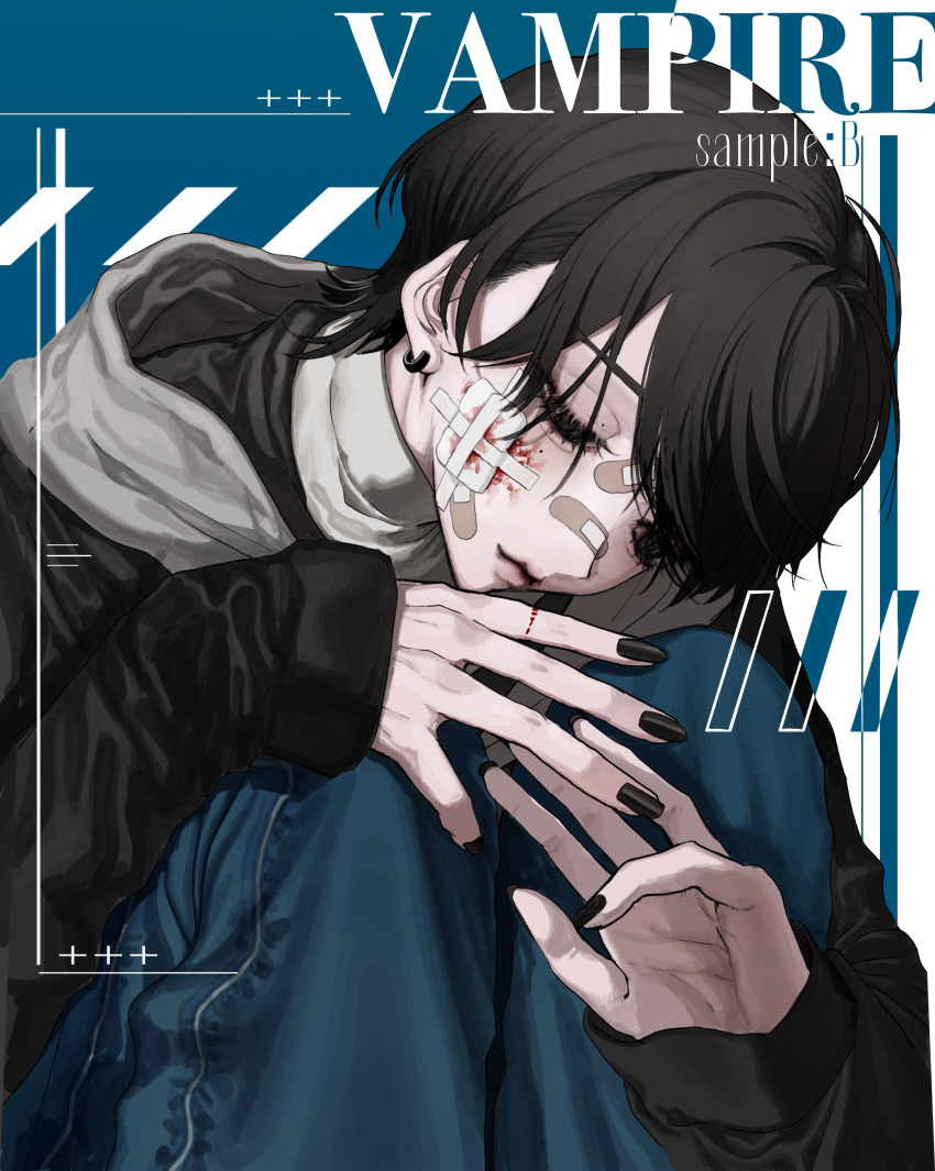 1girl absurdres bandage_on_face bandages bandaid bandaid_on_face bandaid_on_nose black_hair black_nails blood closed_eyes closed_mouth earrings english_text highres hood hood_down jewelry long_sleeves nail_polish numata_zombie original short_hair solo