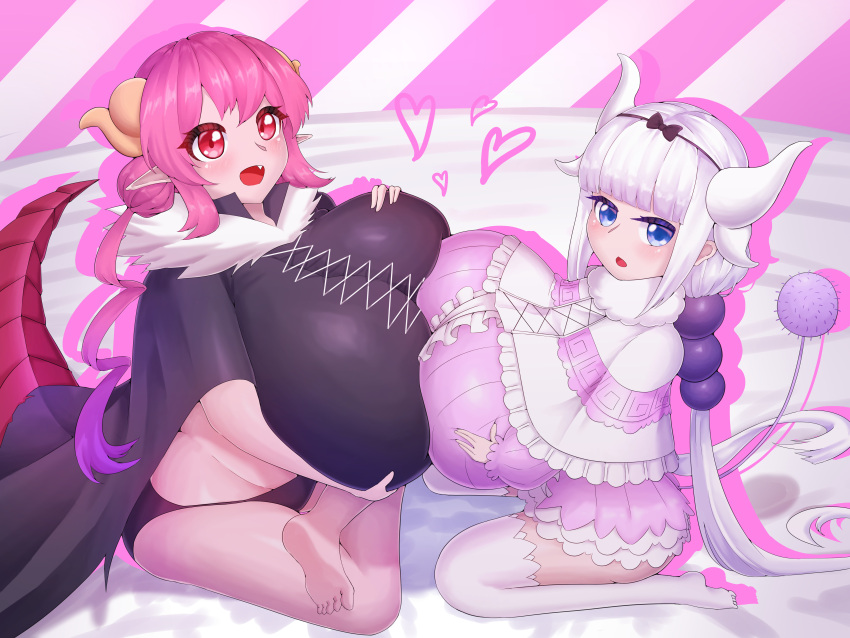 2girls absurdres breasts gigantic_breasts happy highres horns huge_breasts ilulu_(maidragon) impossible_clothes impossible_shirt kanna_kamui kobayashi-san_chi_no_maidragon large_breasts litiya looking_at_viewer multiple_girls pink_hair pointy_ears shirt shortstack sitting tight_clothes tight_shirt white_hair