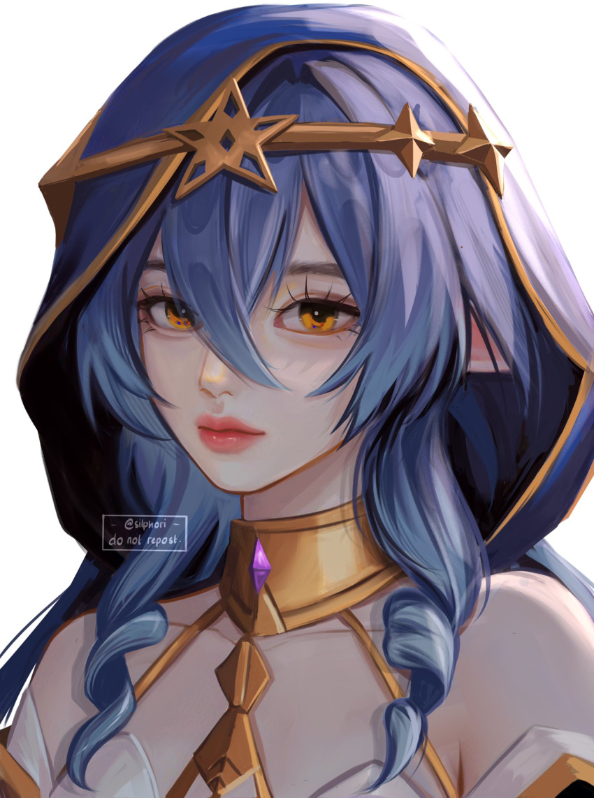 1girl bare_shoulders blue_hair blue_hood close-up closed_mouth dress drill_hair drill_sidelocks gem genshin_impact gold_choker gold_trim hair_between_eyes highres hood hood_up jewelry layla_(genshin_impact) long_eyelashes long_hair looking_at_viewer pink_lips pointy_ears portrait purple_gemstone ringlets sidelocks silphori simple_background sleeveless sleeveless_dress solo strapless white_background yellow_eyes