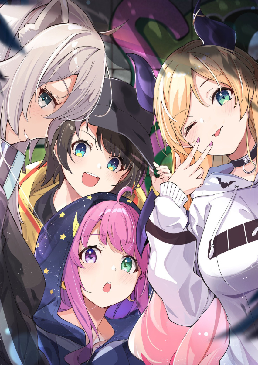 4girls ;p adapted_costume anbasa_(amaneyuz13) animal_ears black_choker blonde_hair blue_hoodie blush brown_hair choker commentary demon_horns grey_hair highres himemori_luna hololive hood hoodie horns lion_ears multiple_girls no_pants one_eye_closed oozora_subaru open_mouth pink_hair pink_nails shishiro_botan smile streetwear symbol-only_commentary tongue tongue_out virtual_youtuber white_hoodie yuzuki_choco