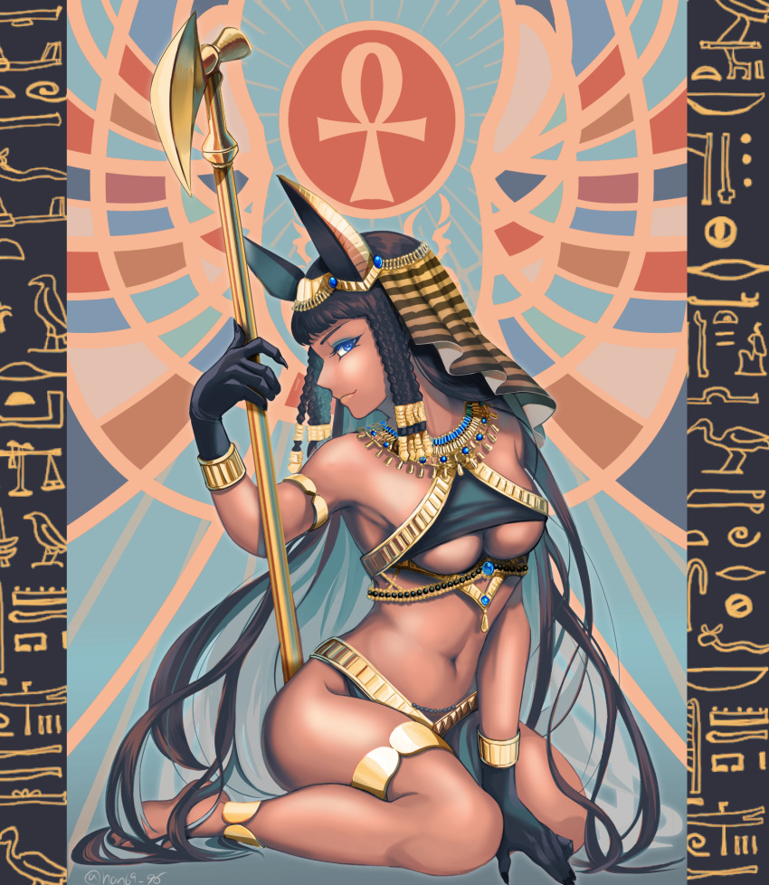 1girl animal_ears ankh armlet armpits bantian96 black_gloves blue_eyes breasts brown_hair closed_mouth dark-skinned_female dark_skin dreadlocks egyptian egyptian_clothes eyelashes fingernails gloves hieroglyphics highres holding holding_scepter jackal_ears kneeling navel original scepter sharp_fingernails smile solo thighlet twitter_username underboob usekh_collar