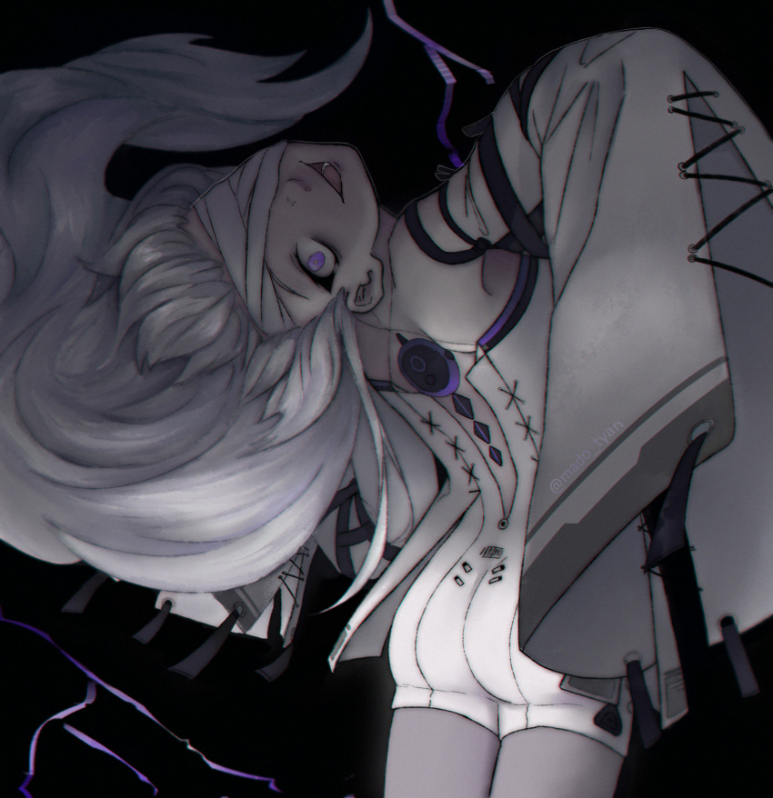 1girl backless_dress backless_outfit bandage_over_one_eye black_background detached_sleeves dress from_behind grey_dress grey_sleeves highres long_hair looking_at_viewer looking_back mado_tyan no.21:_xxi_(punishing:_gray_raven) no.21_(punishing:_gray_raven) open_mouth pale_skin pose_request punishing:_gray_raven purple_eyes sleeves_past_fingers sleeves_past_wrists solo subdermal_port very_long_hair