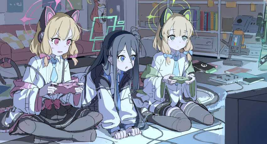 4girls animal_ear_headphones animal_ears aris_(blue_archive) black_hair black_skirt black_thighhighs blonde_hair blue_archive cat_ear_headphones closed_mouth coat controller couch fake_animal_ears game_controller hair_between_eyes hairband halo headphones highres indoors jacket long_hair midori_(blue_archive) momoi_(blue_archive) muina multiple_girls necktie off_shoulder on_floor one_side_up open_mouth parted_lips peeking_out playing_games pleated_skirt red_hair shirt sitting skirt sweat tail thighhighs very_long_hair white_coat white_shirt wide_sleeves yuzu_(blue_archive)