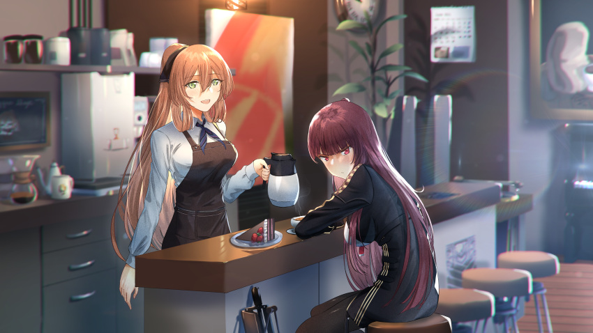 2girls absurdres apron bar_stool black_apron black_jacket black_pantyhose blue_neckerchief blurry blush breasts brown_hair bullpup chromatic_aberration closed_mouth coffee collared_shirt commentary cup depth_of_field english_commentary film_grain girls'_frontline green_eyes gun hair_between_eyes highres indoors jacket kitchen large_breasts long_hair long_sleeves looking_at_viewer multiple_girls neckerchief open_mouth pantyhose ponytail puffy_sleeves purple_hair red_eyes rifle shidoni shirt sidelocks sitting sniper_rifle springfield_(girls'_frontline) stool teeth upper_teeth_only wa2000_(girls'_frontline) walther walther_wa_2000 weapon white_shirt