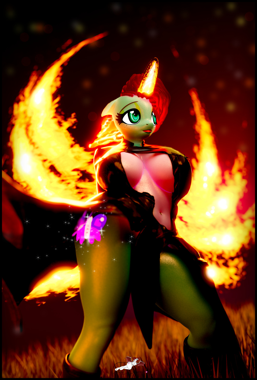 3d_(artwork) absurd_res anthro black_clothing black_dress blender_(software) blender_cycles blurred_background clothed clothing curvy_figure cutie_mark digital_media_(artwork) dress elemental_manipulation equid equine female fire fire_manipulation flaming_hair flaming_mane flaming_wings flowing_hair glowing glowing_markings grassy_field hair hasbro hi_res horn mammal markings misty_(g5) misty_brightdawn mlp_g5 my_little_pony particles pseudo_hair pseudo_mane red_sky sky solo solo_focus unicorn velvet_charm_(artist) voluptuous wings