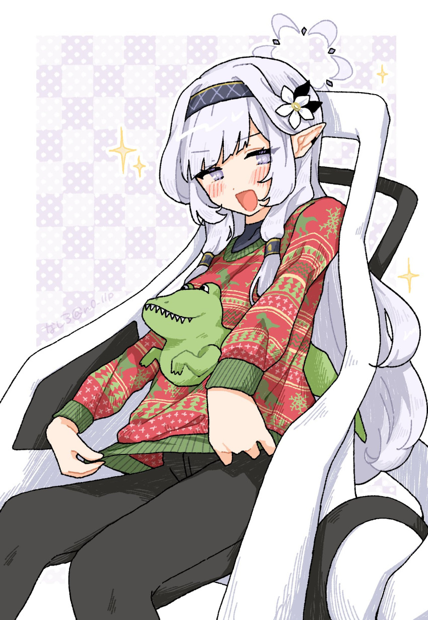 1girl blue_archive blush christmas_sweater dinosaur eyelashes flower hair_flower hair_ornament hair_tubes hairband halo highres himari_(blue_archive) long_hair n0_llp pointy_ears purple_eyes sparkle sweater turtleneck wheelchair white_hair