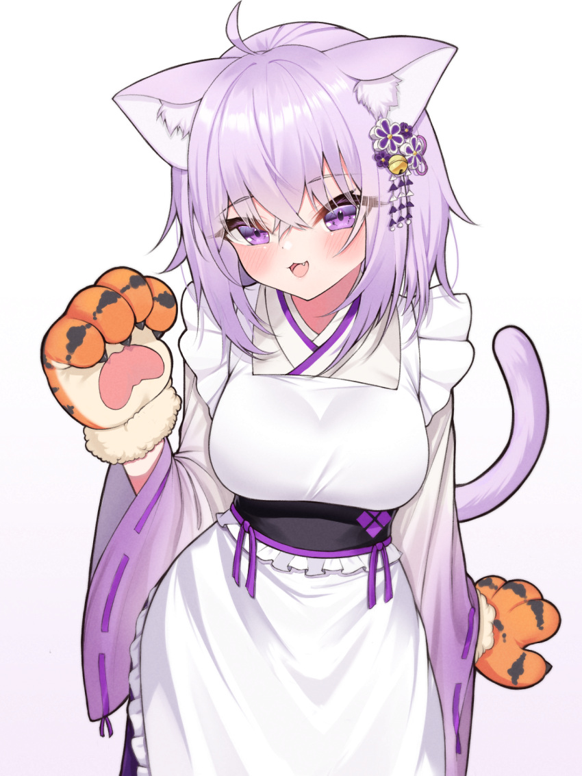 1girl ahoge animal_ear_fluff animal_ears animal_hands apron blush breasts cat_ears cat_girl cat_tail cowboy_shot crossed_bangs curvy fang gloves gradient_background gradient_kimono hair_between_eyes hair_ornament highres hololive japanese_clothes kanzashi kimono large_breasts looking_at_viewer maid_apron maru039 medium_hair nekomata_okayu obi official_alternate_costume open_mouth paw_gloves purple_background purple_eyes purple_hair sash solo tail tiger_paws virtual_youtuber wa_maid white_apron white_kimono