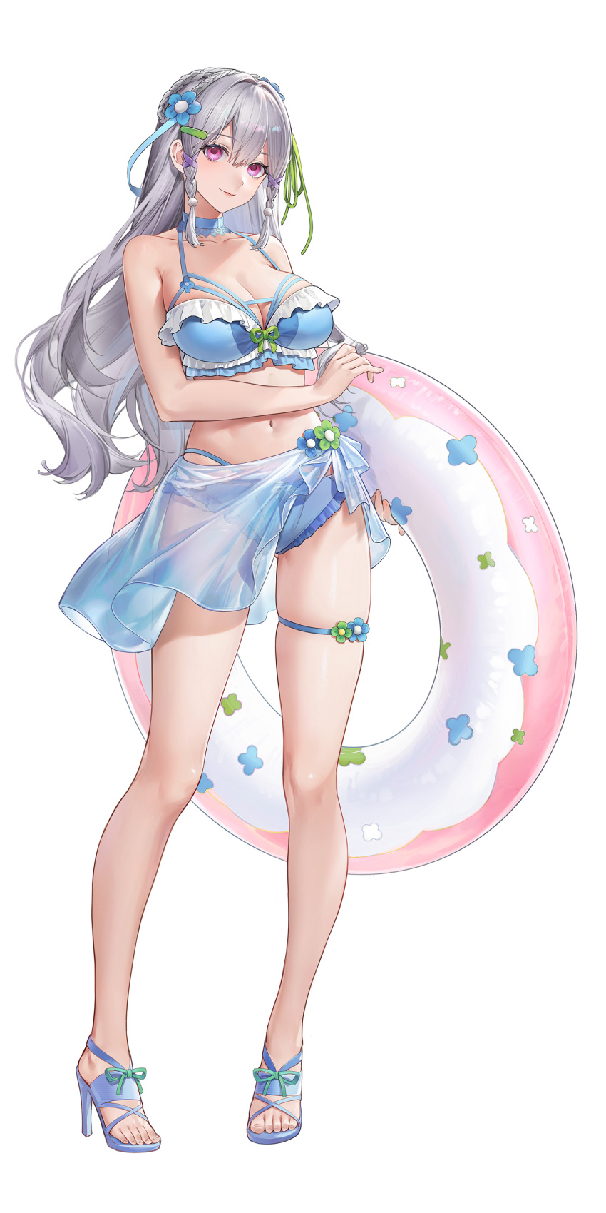 1girl absurdres bare_arms bare_legs bare_shoulders bikini blue_bikini blue_flower blue_footwear braid breasts cleavage curly_hair feet flower frilled_bikini frills full_body green_ribbon grey_hair gui_mi hair_between_eyes hair_flower hair_ornament hair_ribbon hairclip high_heels highres holding holding_innertube innertube large_breasts legs lian_(vtuber) long_hair looking_at_viewer navel official_art pink_eyes pink_innertube ribbon sandals sarong see-through_sarong side_braids sixiwanzi smile solo standing strappy_heels swimsuit tachi-e thigh_strap toenails toes virtual_youtuber white_background