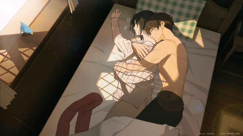 1boy 1girl absurdres bird black_hair black_pants brown_hair chinese_commentary closed_eyes commentary_request eren_yeager hetero highres hug hug_from_behind lens_flare lying mikasa_ackerman niku_(ni23ku) on_side pants pillow red_scarf scarf shingeki_no_kyojin sleeping topless_male twitter_username unworn_scarf