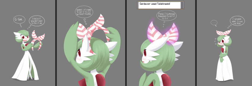 absurd_res after_transformation anthro blush bow_ribbon colored comic dialogue embarrassed english_text female frustrated gardevoir generation_3_pokemon green_body green_hair hair hi_res mentalcrash nintendo pokemon pokemon_(species) psychic_powers red_eyes speech_bubble spikes spikes_(anatomy) text thought_bubble white_body