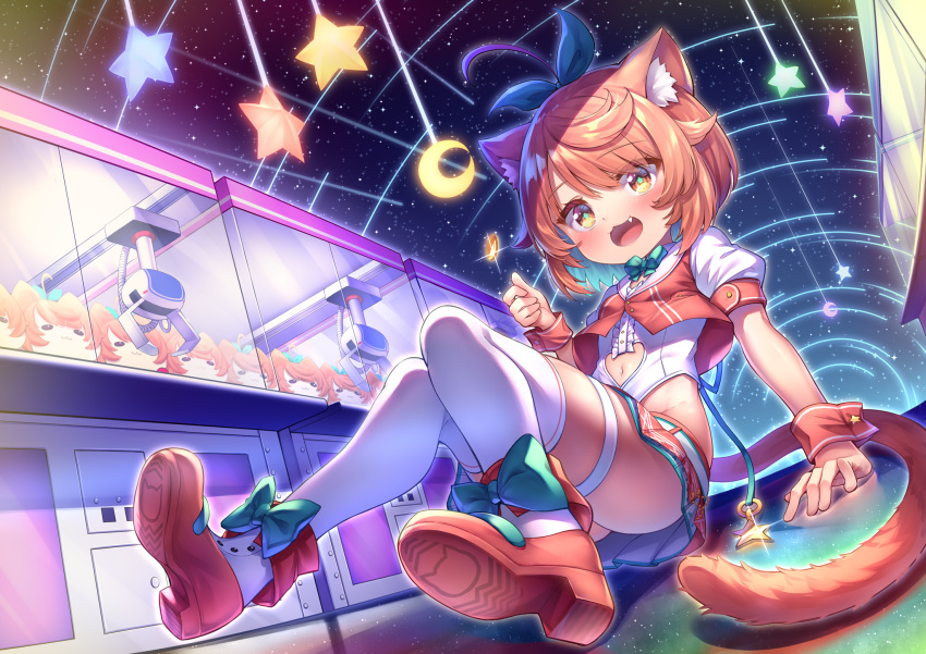 1girl animal_ears bow cat_ears cat_tail clone commission crane_game fang green_bow green_pupils highres miniskirt misaki_vanilla moon navel neon_lights night open_mouth orange_hair puffy_short_sleeves puffy_sleeves red_footwear red_shirt red_skirt shirt shoes short_sleeves skirt star-shaped_pupils star_(sky) star_(symbol) symbol-shaped_pupils tail tenton_(henatyo) thighhighs virtual_youtuber white_shirt white_skirt white_thighhighs yellow_eyes