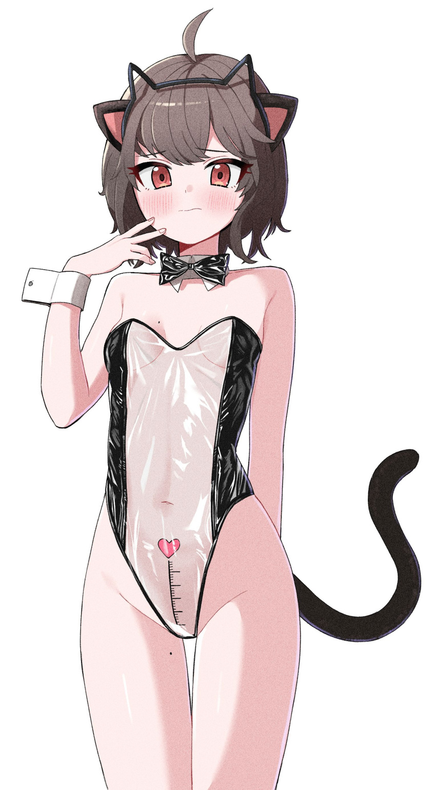 1girl absurdres ahoge animal_ears bare_arms bare_legs bare_shoulders billbung black_bow black_bowtie blush bow bowtie breasts brown_hair cat_ears cat_tail closed_mouth commentary_request commission covered_navel cowboy_shot detached_collar embarrassed fake_animal_ears hairband hand_up heart highleg highleg_leotard highres korean_commentary length_markings leotard looking_at_viewer mole mole_on_breast mole_on_thigh nontraditional_playboy_bunny original penis_measuring prunechi red_eyes second-party_source see-through see-through_leotard short_hair simple_background small_breasts solo standing strapless strapless_leotard tail tail_raised thighs translucent_bunnysuit white_background wrist_cuffs