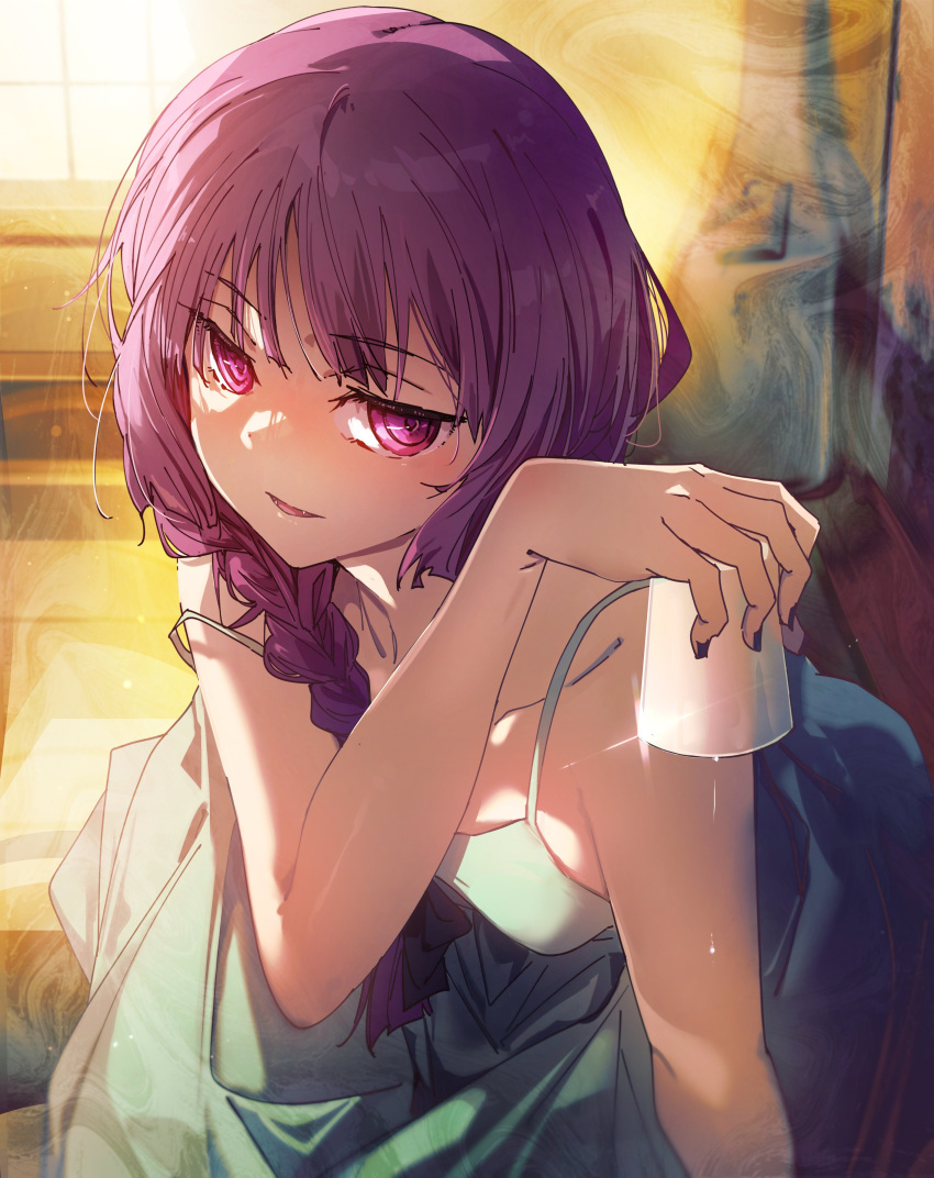 1girl absurdres bare_arms bocchi_the_rock! braid breasts collarbone cup disposable_cup dress fangs green_dress hair_over_shoulder highres hiroi_kikuri holding holding_cup indoors long_hair looking_at_viewer low-braided_long_hair parted_lips purple_eyes purple_hair single_braid sitting small_breasts solo spaghetti_strap spilling yoru_kiri