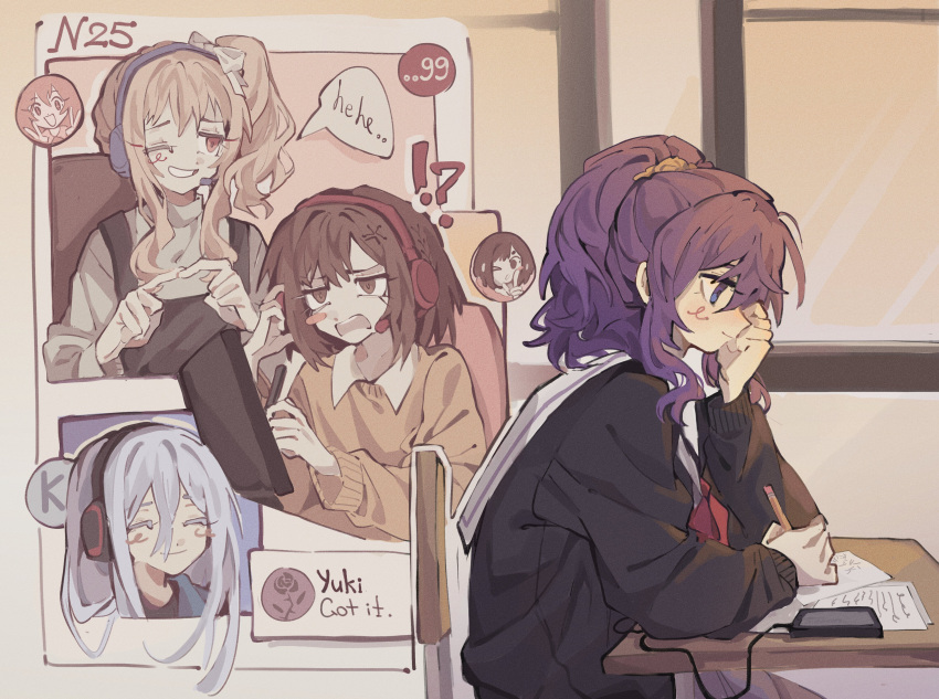 !? 1other 25-ji_nightcord_de._(project_sekai) 3girls absurdres akiyama_mizuki androgynous asahina_mafuyu blush bob_cut bow brown_eyes brown_hair closed_eyes closed_mouth commentary double-parted_bangs earphones english_commentary english_text flower grey_hair hair_between_eyes hair_bow hair_ornament hair_scrunchie hand_up headphones headset highres holding holding_pencil long_hair long_sleeves miyamasuzaka_girls'_academy_school_uniform multiple_girls neckerchief one_eye_closed paper pencil pink_eyes pink_hair project_sekai purple_eyes purple_hair rchyl red_neckerchief sailor_collar school_uniform scrunchie serafuku shinonome_ena short_hair side_ponytail sidelocks smile speech_bubble upper_body yoisaki_kanade