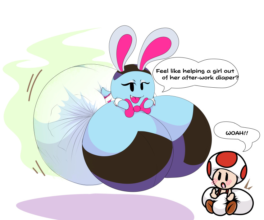 2021 absurd_res big_breasts big_diaper blue_body blush boo_(mario) bow_tie breasts chocomintshake dialogue diaper diaper_fetish duo english_text fake_ears fake_rabbit_ears feces female floating full_diaper ghost hi_res huge_breasts huge_diaper hyper hyper_breasts mario_bros messy_diaper nintendo open_mouth open_smile paper_mario:_the_thousand_year_door peeka_(mario) smile soiled_diaper soiling spirit stink_lines teeth text toad_(mario) tongue