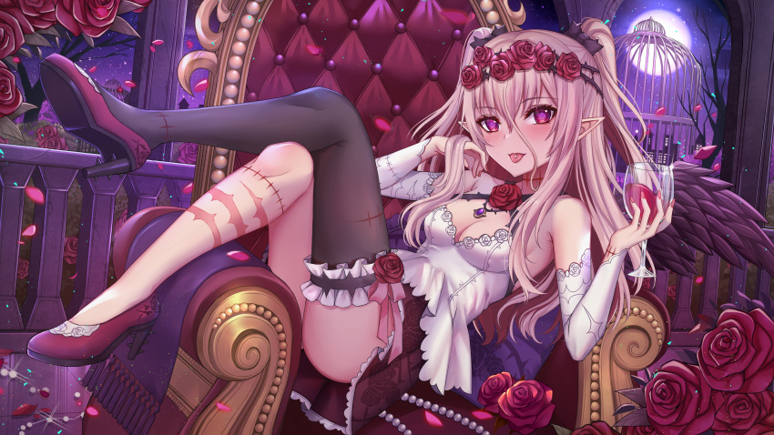 1girl absurdres alcohol bare_shoulders black_thighhighs blush breasts cleavage crossed_legs cup detached_sleeves flower full_body gu_li hair_ornament high_heels highres holding holding_cup indie_virtual_youtuber long_hair long_sleeves looking_at_viewer petals piercing pink_hair pointy_ears purple_eyes purple_footwear rose scar scar_on_leg scar_on_neck single_thighhigh sitting smile thighhighs thighs tongue_piercing two_side_up virtual_youtuber wine wings