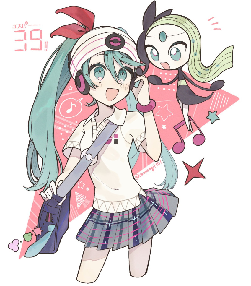 1girl :d bag blush collared_shirt commentary_request crossover eyelashes green_eyes green_hair hatsune_miku headphones highres long_hair meloetta musical_note open_mouth plaid plaid_skirt pleated_skirt pokemon pokemon_(creature) shirt short_sleeves shoulder_bag skirt smile sparkle sumeragi1101 twintails vocaloid white_headwear white_shirt