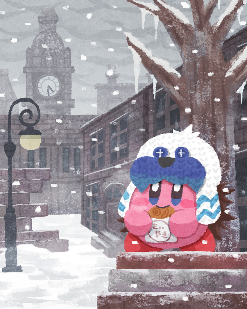 bare_tree blue_eyes blush_stickers city closed_mouth cloud cloudy_sky copy_ability eating food frosty_ice_kirby highres icicle kirby kirby_(series) kirby_and_the_forgotten_land miclot no_humans outdoors pink_footwear scenery shoes sky smile snow snowing taiyaki tree wagashi white_headwear winter