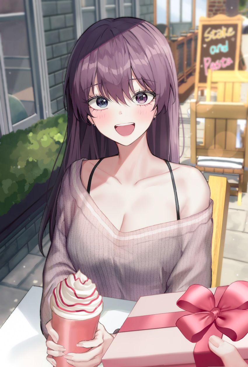 1girl :d absurdres blue_eyes blush box bra_strap bra_visible_through_clothes breasts chair chalkboard_sign cleavage collarbone commentary_request cup day earrings fingernails gift gift_box grey_shirt hair_between_eyes heterochromia highres holding holding_cup jewelry large_breasts long_hair looking_at_viewer luxiel off-shoulder_shirt off_shoulder open_mouth original outdoors pov pov_hands purple_eyes purple_hair shirt sign sitting smile stone_floor teeth upper_teeth_only