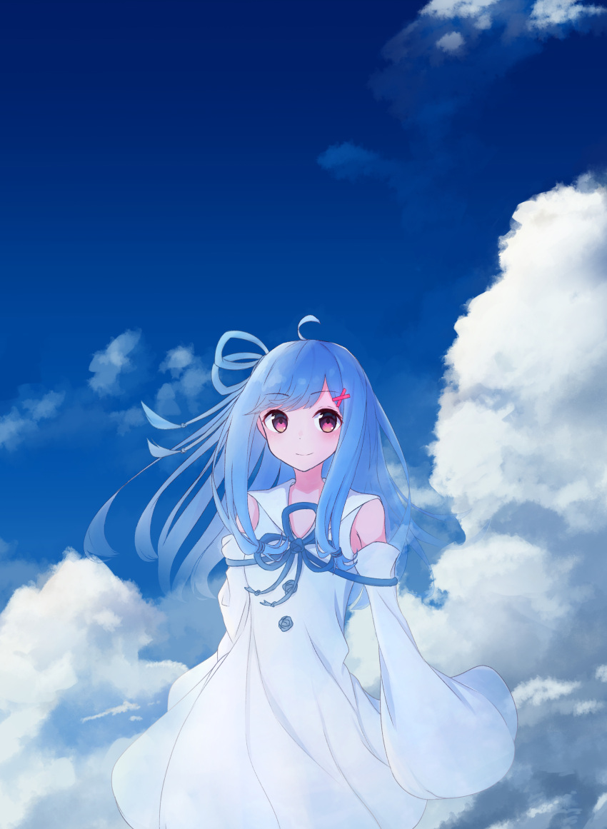 1girl absurdres aho_whale ahoge arms_at_sides blue_hair blue_ribbon blue_sky closed_mouth cloud commentary detached_sleeves dress fading floating_hair flower_knot hair_ornament hair_ribbon highres kotonoha_aoi light_blush long_hair looking_at_viewer neck_ribbon pink_eyes ribbon sailor_collar sidelocks sky sleeveless sleeveless_dress sleeves_past_fingers sleeves_past_wrists smile solo swept_bangs transparent voiceroid white_dress white_sailor_collar wide_sleeves x_hair_ornament