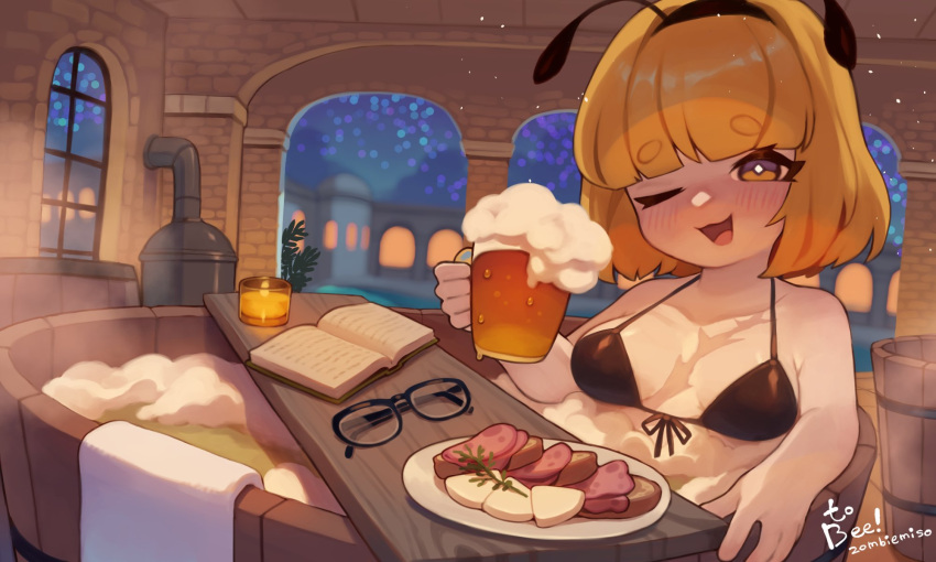 1girl artist_name bathtub beer_mug bikini black_bikini black_hairband blonde_hair blush book borrowed_character breasts brown_eyes candle cheese commentary commissioner_name cup english_commentary fake_antennae food front-tie_bikini_top front-tie_top glasses hairband highres medium_breasts medium_hair mug night night_sky one_eye_closed open_mouth original partially_submerged sky smile soap_bubbles solo steam swimsuit unworn_eyewear window zombiemiso