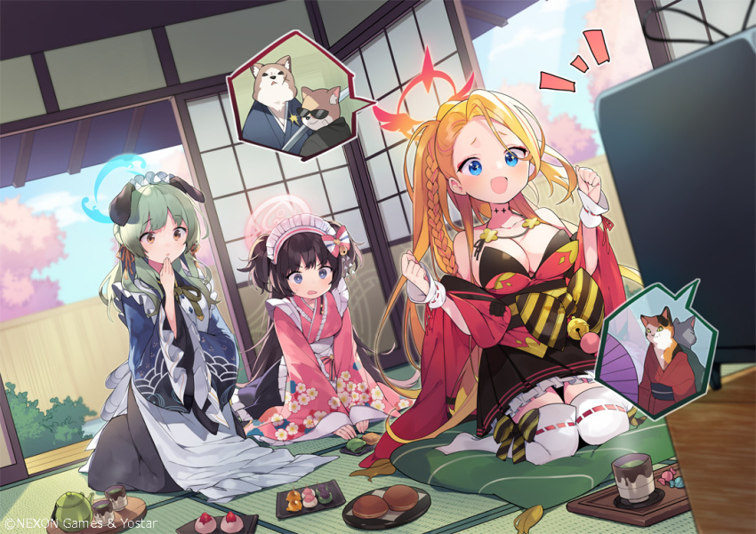 3girls animal_ears apron black_eyes black_hair blonde_hair blue_archive blue_eyes breasts cleavage cup cushion dog_ears food forehead green_hair halo hiyo_kiki japanese_clothes kimono large_breasts maid maid_headdress multiple_girls notice_lines official_art open_mouth oppai_loli pina_(blue_archive) pink_kimono plate shizuko_(blue_archive) smile speech_bubble teacup thighhighs umika_(blue_archive) wa_maid watching_television white_apron white_thighhighs