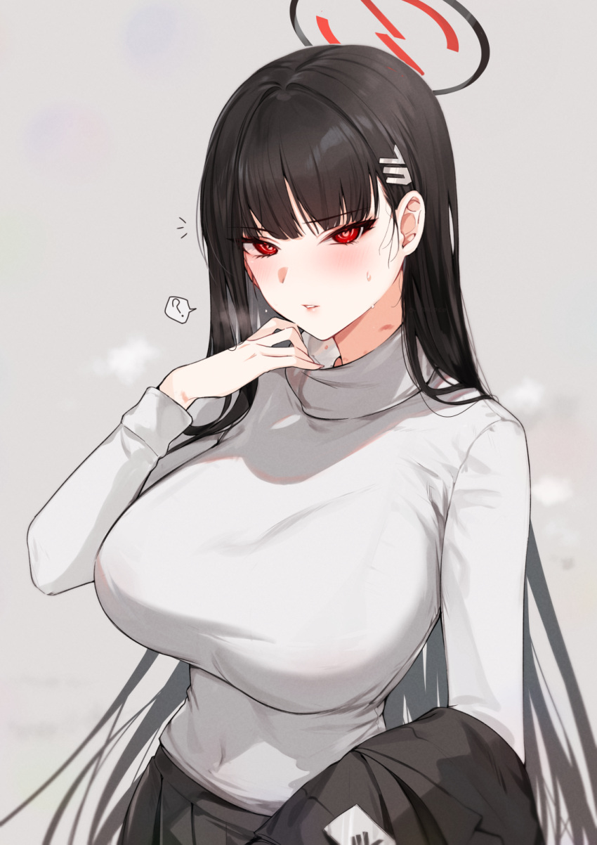 1girl ? alracoco black_hair blue_archive blush breasts clothes_removed eyeliner halo hickey highres large_breasts long_hair looking_at_viewer makeup parted_lips pleated_skirt red_eyes rio_(blue_archive) skirt solo spoken_question_mark sweat sweater turtleneck turtleneck_sweater