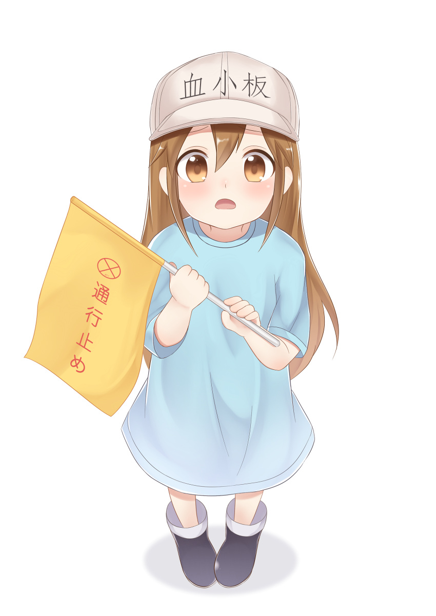 1girl absurdres bangs baseball_cap blush boots brown_eyes brown_hair child female_child flag from_above frown hat hataraku_saibou highres holding holding_flag long_hair looking_at_viewer open_mouth platelet_(hataraku_saibou) shirt short_sleeves simple_background solo t-shirt translation_request very_long_hair white_background yutuka01