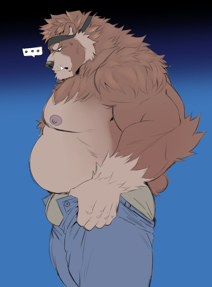 ... 1boy absurdres animal_ears ass bara bear_boy bear_ears bear_tail belly brown_fur bulge bulge_lift denim dhanisani dressing fat fat_man feet_out_of_frame from_side furry furry_male green_male_underwear highres jeans large_pectorals male_focus male_underwear mature_male meme muscular muscular_male never_seen_a_guy_recreate_this_(meme) nipples open_pants original pants pants_lift pectorals short_hair sideburns solo standing stomach sweatdrop tail thick_thighs thighs topless_male tusks undersized_clothes underwear