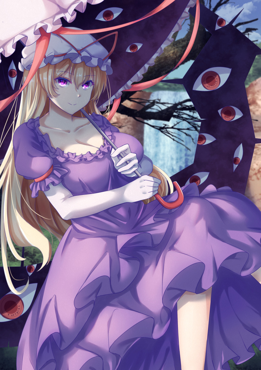 1girl blonde_hair breasts cleavage closed_mouth collarbone commentary_request dress elbow_gloves frilled_dress frills gap_(touhou) gloves hat hat_ribbon highres holding holding_umbrella large_breasts long_hair looking_at_viewer mirufui mob_cap outdoors pink_eyes pink_umbrella purple_dress red_ribbon ribbon short_sleeves solo touhou umbrella water waterfall white_gloves white_headwear yakumo_yukari