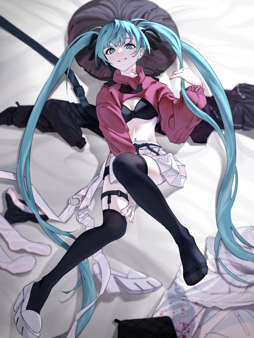 1girl absurdly_long_hair absurdres aqua_eyes aqua_hair bandaid bandaid_on_neck belt black_bra black_ribbon black_thighhighs bra breasts commentary_request feet full_body grin hair_ribbon hand_up hatsune_miku highres knee_up long_hair long_sleeves looking_at_viewer lying midriff on_back panties panties_removed pleated_skirt red_shrug ribbon shoes shoes_removed shrug_(clothing) sjm9982 skirt skirt_removed small_breasts smile solo thigh_belt thigh_strap thighhighs underwear very_long_hair vocaloid white_footwear white_skirt