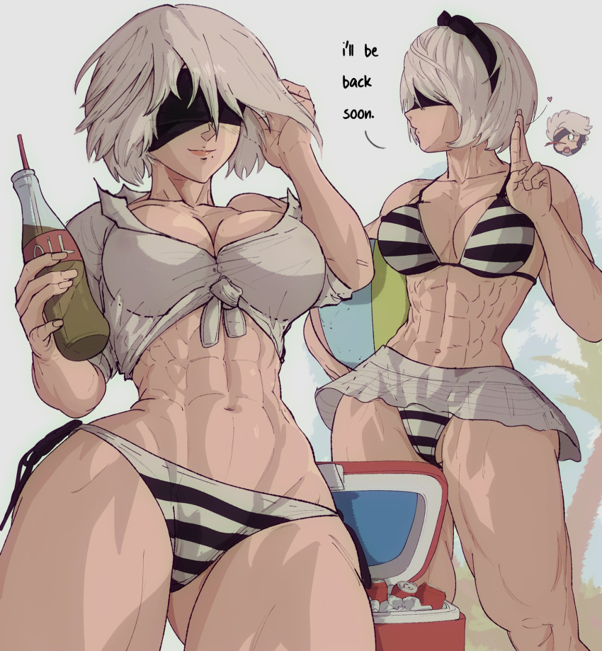 alternate_muscle_size ball beachball bikini black_blindfold black_hairband blindfold breasts chibi chibi_inset cleavage cooler drinking_straw english_text hairband highres large_breasts metal_gear_(series) metal_gear_rising:_revengeance muscular muscular_female nier:automata nier_(series) oil_can palm_tree raiden_(metal_gear) shirt simple_background soda soda_bottle striped striped_bikini swimsuit thick_thighs thighs tied_shirt toned tree yoracrab yorha_no._2_type_b