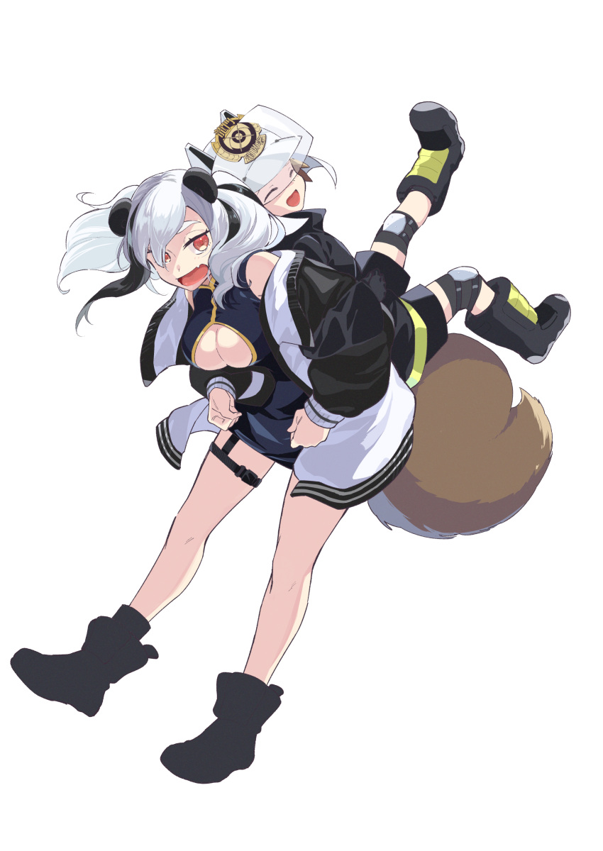 2girls absurdres animal_ears ankle_boots arknights black_footwear black_hair black_jacket black_shorts boots breasts brown_hair carrying chinese_clothes cleavage cleavage_cutout closed_eyes clothing_cutout commentary_request fang feater_(arknights) firefighter firefighter_jacket helmet highres jacket knee_pads large_breasts legs_up letterman_jacket looking_at_another multicolored_hair multiple_girls open_mouth otinksan panda_ears piggyback red_eyes shaw_(arknights) short_hair shorts simple_background skin_fang smile squirrel_girl squirrel_tail streaked_hair tail thigh_strap twintails white_background white_hair white_jacket