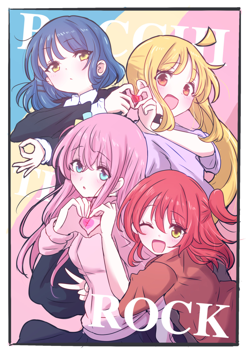 4girls ahoge blush bocchi_the_rock! copyright_name cube_hair_ornament giorgio_(yo_sumire_sola1) gotou_hitori hair_ornament hairpin heart heart_hands heart_hands_duo highres ijichi_nijika kita_ikuyo looking_at_viewer money_gesture multiple_girls one_side_up smile v yamada_ryou