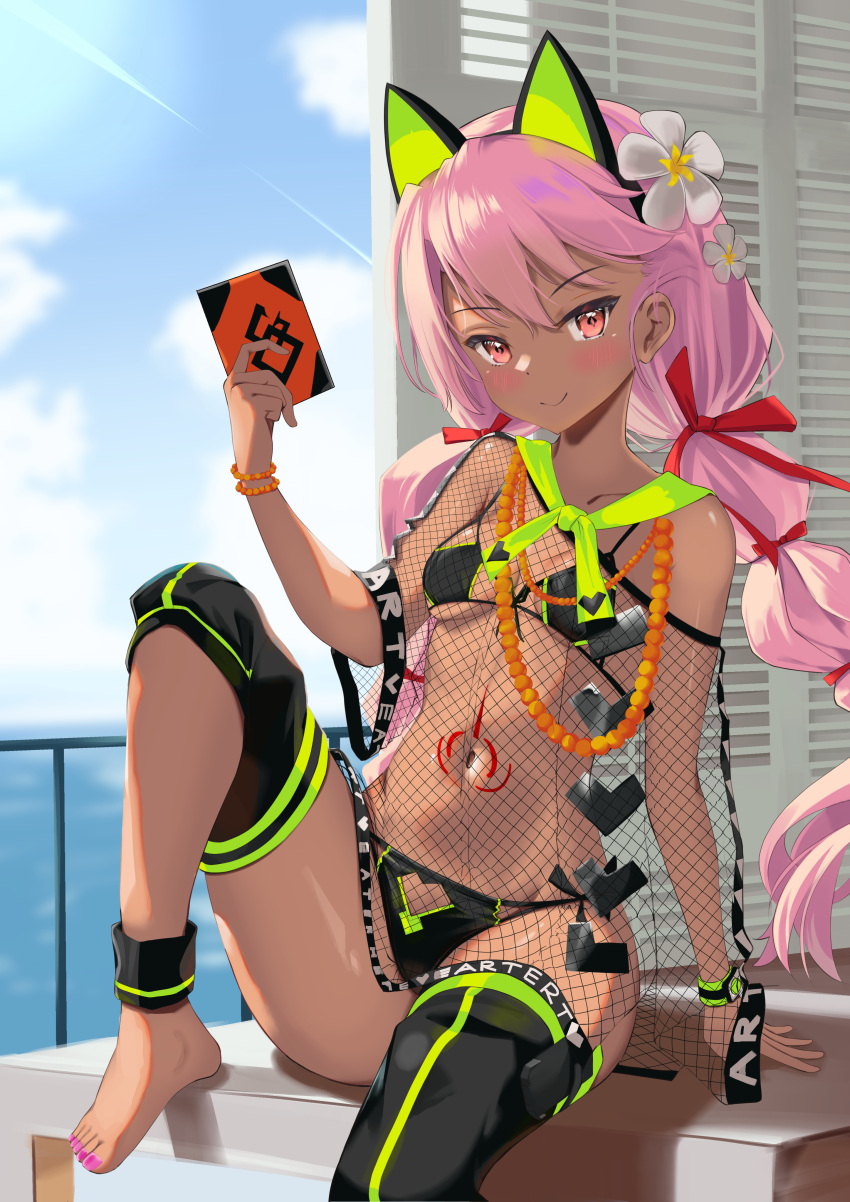 1girl absurdres animal_ears ankleband balcony bare_shoulders barefoot bead_bracelet bead_necklace beads bikini black_bikini blue_sky blush bracelet braid breasts cat_ears cellphone chloe_von_einzbern chloe_von_einzbern_(swimsuit_avenger) collarbone dark-skinned_female dark_skin detached_leggings fake_animal_ears fate/grand_order fate/kaleid_liner_prisma_illya fate_(series) fishnet_top fishnets flower green_bikini hair_between_eyes hair_flower hair_ornament hair_ribbon hairband highres jewelry knee_up long_hair looking_at_viewer low_twin_braids navel neck_ribbon necklace nikuromuline orange_eyes phone pink_hair ribbon sitting sky small_breasts smile solo stomach_tattoo swimsuit tattoo thighs twin_braids two-tone_bikini two-tone_legwear wristband