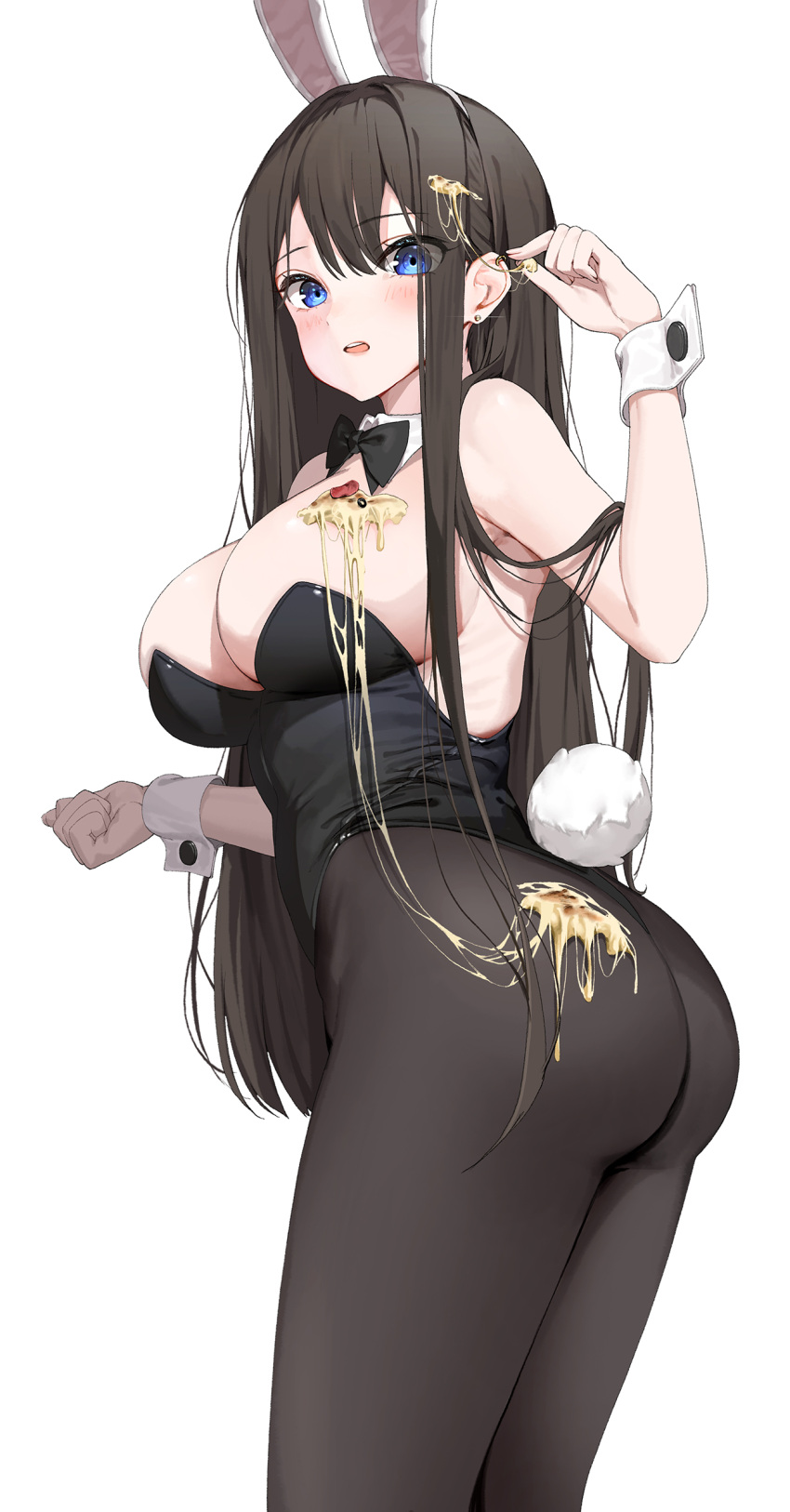 1girl absurdres animal_ears ass black_bow black_bowtie black_hair black_leotard black_pantyhose blue_eyes blush bow bowtie breasts dduck_kong detached_collar ear_piercing earrings fake_animal_ears fake_tail food food_on_body food_on_breasts food_on_clothes food_on_hair hand_up highres jewelry large_breasts leotard long_hair looking_at_viewer open_mouth original pantyhose piercing pizza playboy_bunny rabbit_ears rabbit_tail simple_background solo strapless strapless_leotard stud_earrings tail teeth thong_leotard twisted_torso upper_teeth_only very_long_hair white_background white_wrist_cuffs wrist_cuffs