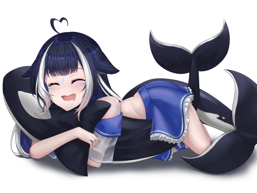 1girl ahoge animal_ears bare_shoulders black_hair blue_skirt body_markings cetacean_tail closed_eyes drooling facial_mark fins fish_tail frilled_skirt frills heart heart_ahoge highres holding holding_stuffed_toy indie_virtual_youtuber long_hair mouth_drool multicolored_hair narunin off_shoulder orca orca_girl school_uniform see-through see-through_shirt serafuku shirt shylily shylily_(1st_costume) skirt streaked_hair stuffed_animal stuffed_orca stuffed_toy tail thigh_strap virtual_youtuber white_background white_hair white_serafuku white_shirt