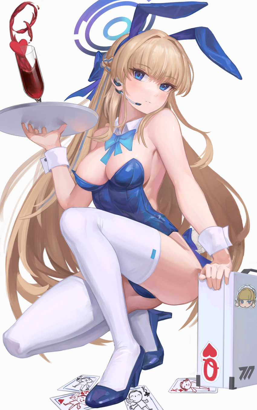 1girl absurdres animal_ears bare_shoulders blonde_hair blue_archive blue_bow blue_eyes blue_hairband blue_leotard bow bowtie breasts briefcase card closed_mouth cup detached_collar drinking_glass dvirfederacia earpiece fake_animal_ears full_body hairband halo high_heels highres holding holding_tray legs leotard long_hair medium_breasts microphone official_alternate_costume official_alternate_hairstyle on_one_knee playboy_bunny playing_card queen_of_hearts_symbol rabbit_ears squatting sticker thighhighs toki_(blue_archive) toki_(bunny)_(blue_archive) tray very_long_hair white_thighhighs wine_glass wrist_cuffs