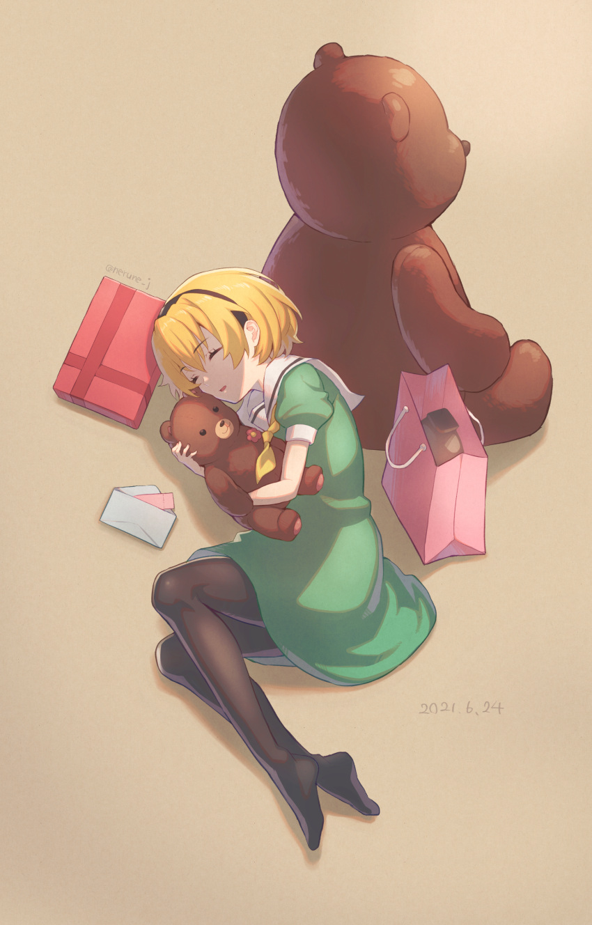 1girl absurdres bag black_hairband black_pantyhose blonde_hair box brown_background commentary_request dress envelope from_above full_body gift gift_box green_dress hairband highres higurashi_no_naku_koro_ni holding holding_stuffed_toy houjou_satoko large_teddy_bear lying neckerchief nerune_j no_shoes object_hug on_side pantyhose sailor_collar sailor_dress shopping_bag short_hair simple_background sleeping solo stuffed_animal stuffed_toy teddy_bear white_sailor_collar yellow_neckerchief